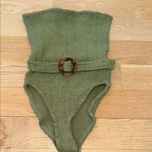 Girls Olive Green Terry One-Piece Swimsuit with Tortoiseshell Ring